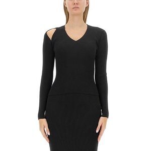 ALEXANDER MCQUEEN Ribbed Knit Long Sleeve V-Neck Top with Cutout Detail Women